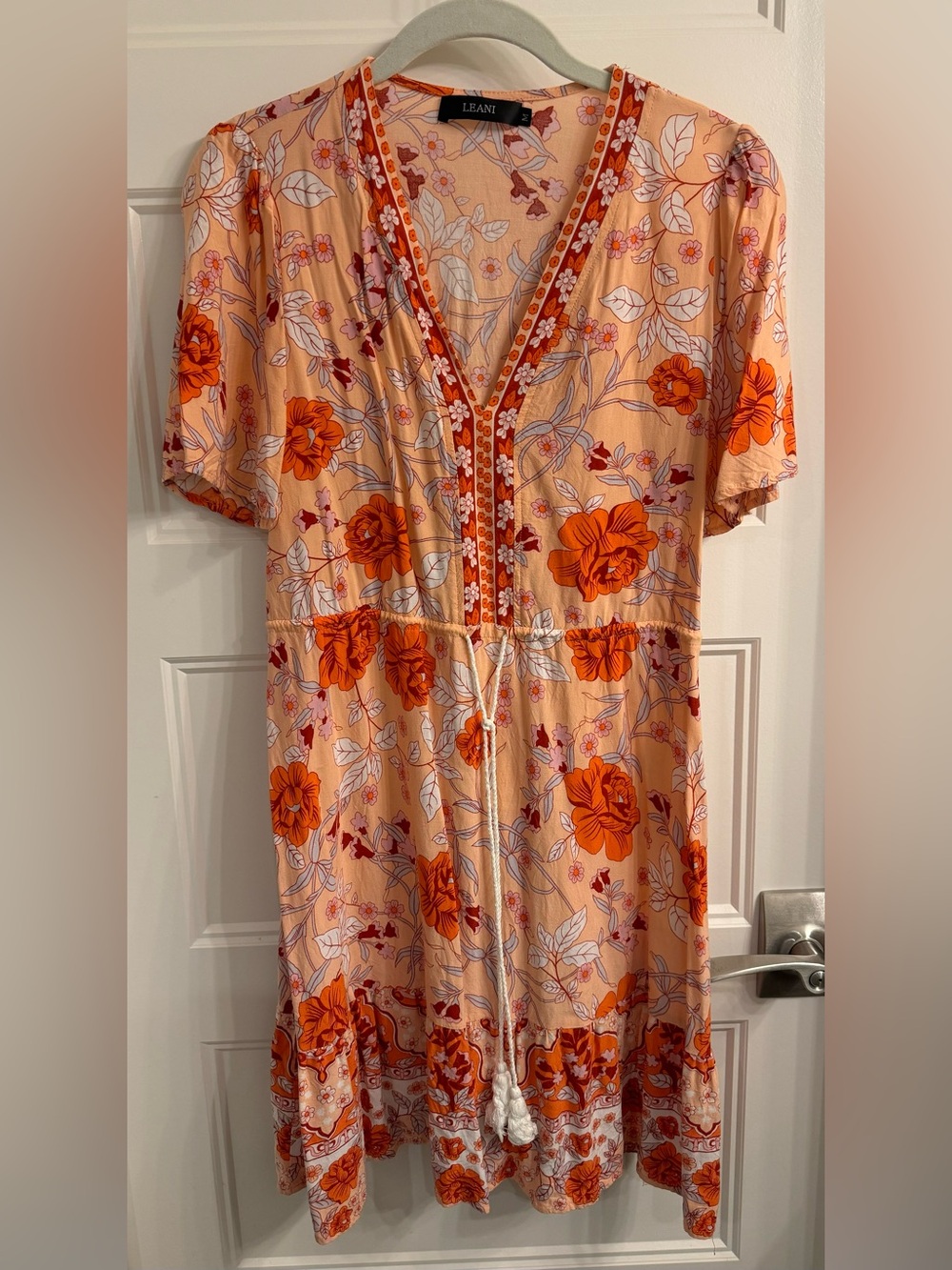 Leani Peach Floral Tie-Waist Mini Dress- Medium